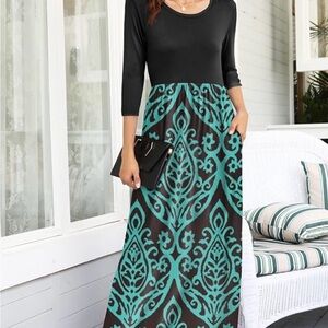 Chic Black and Teal 3/4 Sleeve Maxi Dress